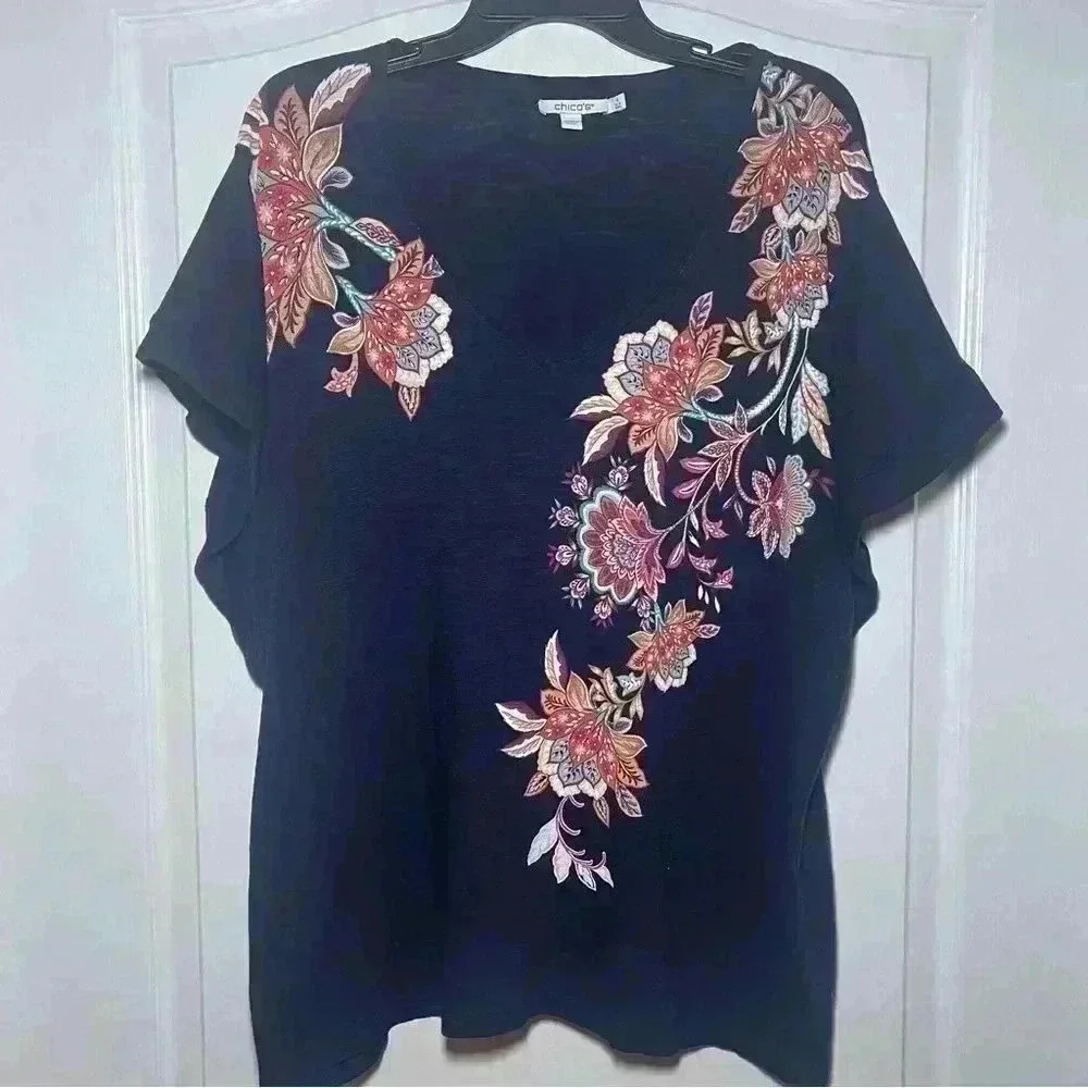 Chico’s Floral Slub Tee Womens sz 4 XXL Flutter Sleeve  Dark Blue V Neck